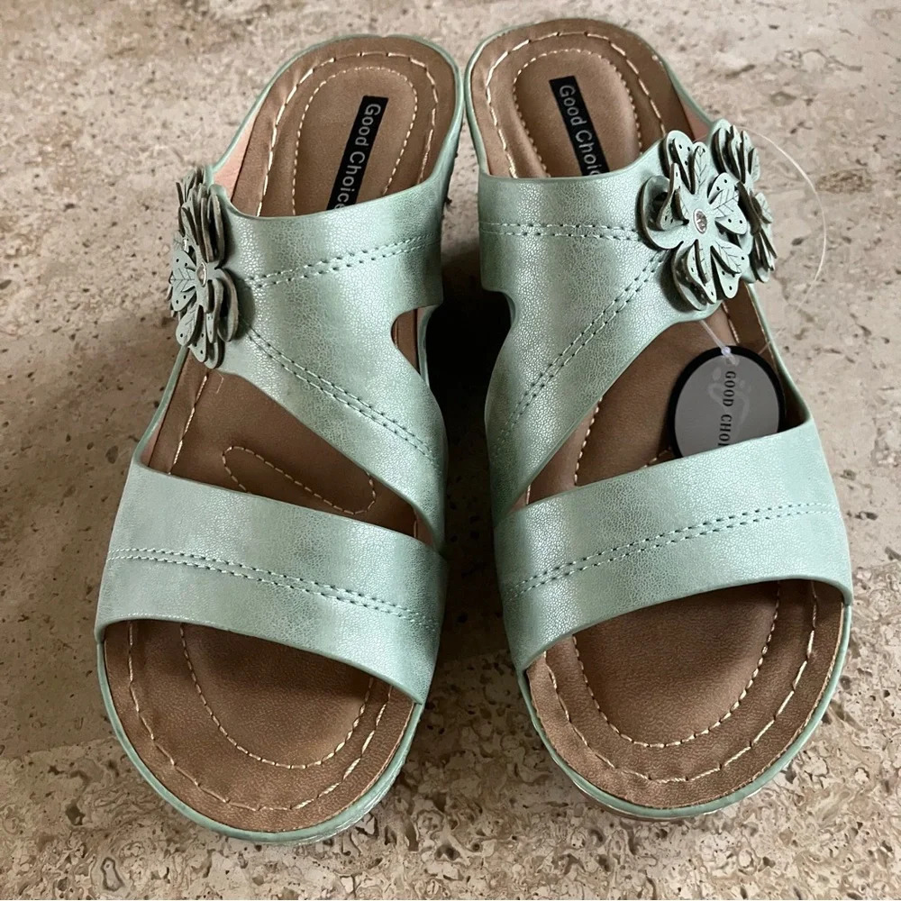 NWOB Good Choice Shoes Rita Mint Floral Faux Leather Wedge Sandals 6.5 - Picture 6 of 10